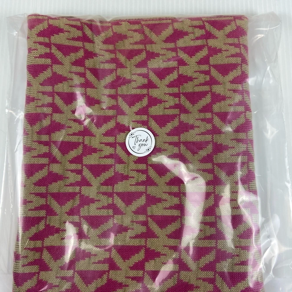 Michael Kors MK Logo Monogram Scarf Pink Tan Knit Designer Wrap